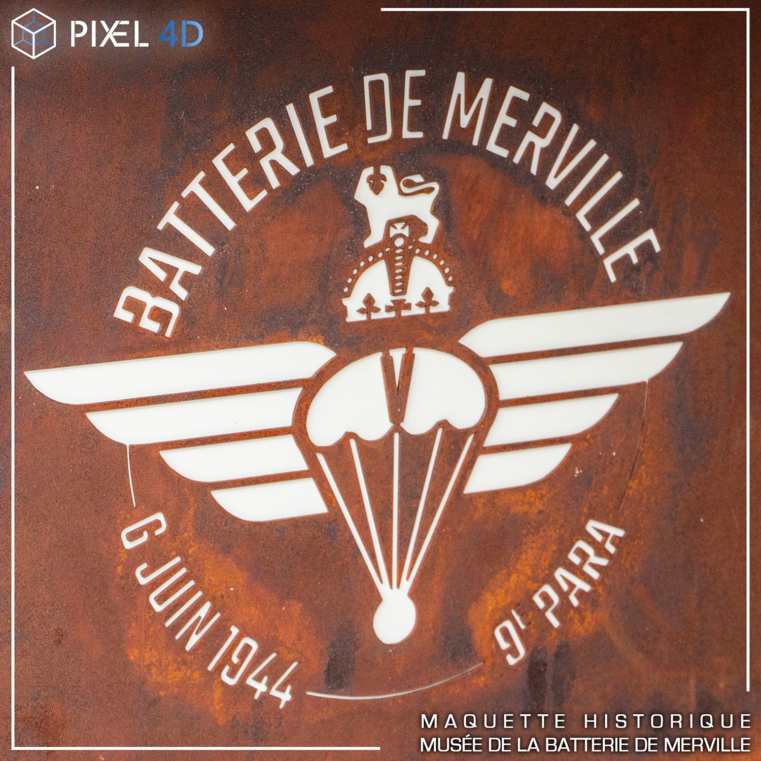 logo decoupe laser acier corten maquette 3d tactile musee merville table aluminium patrimoine exterieur durable design metal 3d